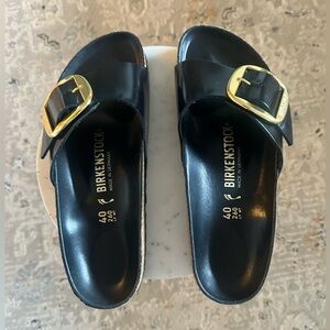 Birkenstock Madrid Big Buckle Black Leather High Shine Gold Buckle Size 40 US 9